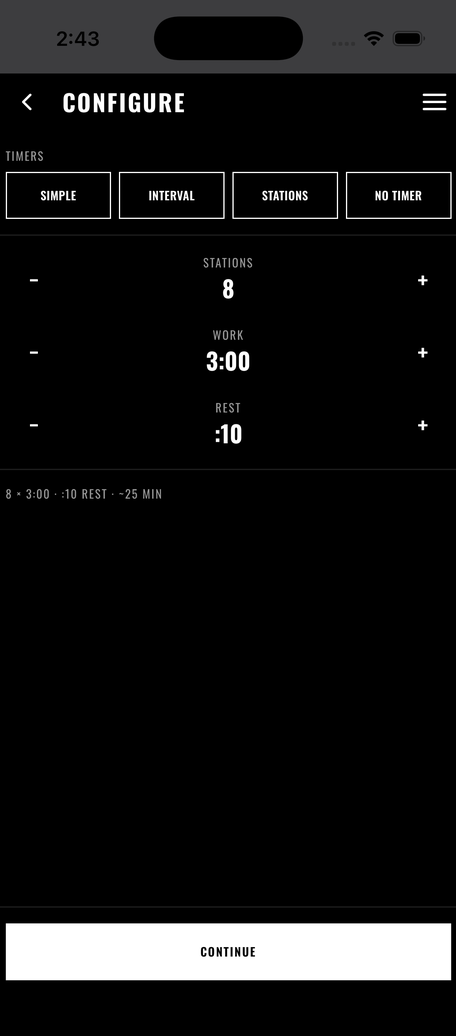 Timer setup screen with format presets like Tabata and EMOM